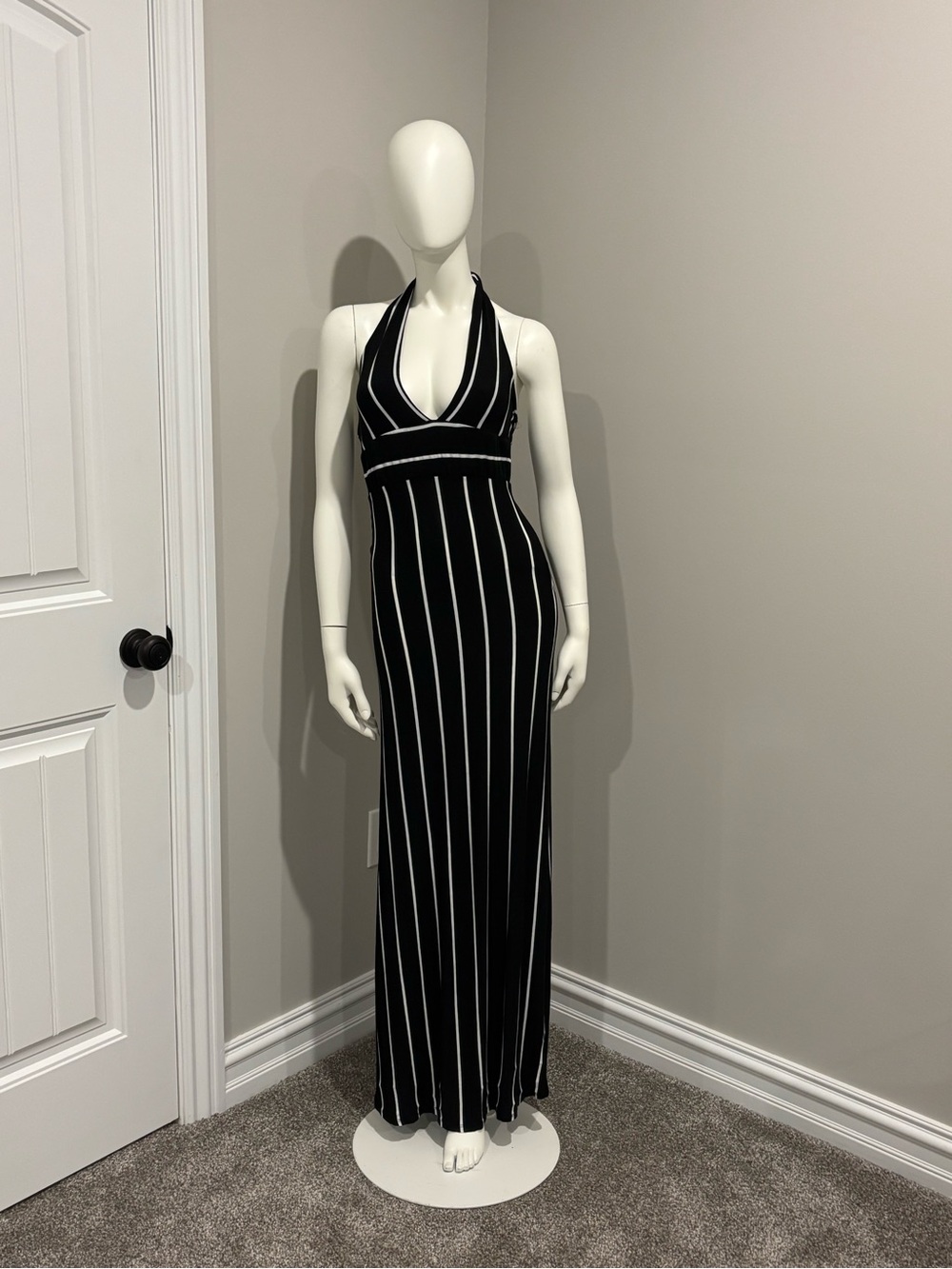 Black and White Halter-Stripe Maxi Dress